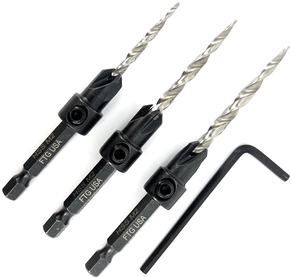 FTG USA 3 Pc #6#8#10 Countersink Drill Bit Set, Tapered Bits