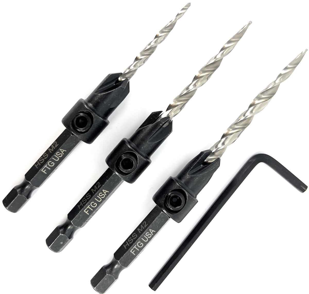 FTG USA 3 Pc #6#8#10 Countersink Drill Bit Set, Tapered Bits