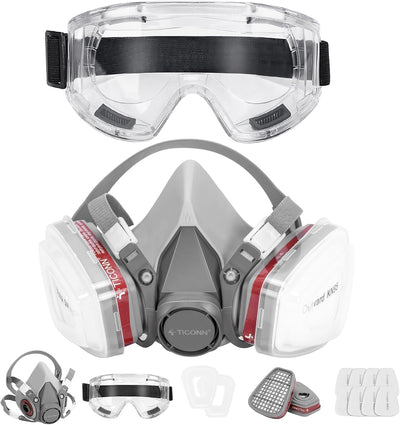 Reusable Respirator Mask with Filters, Gas Mask with Anti Fog Safety Glasses, Anti-Dust Half Face Cover Respirator