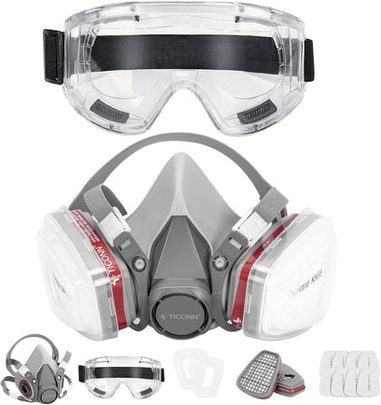 Reusable Respirator Mask with Filters, Gas Mask with Anti Fog Safety Glasses, Anti-Dust Half Face Cover Respirator