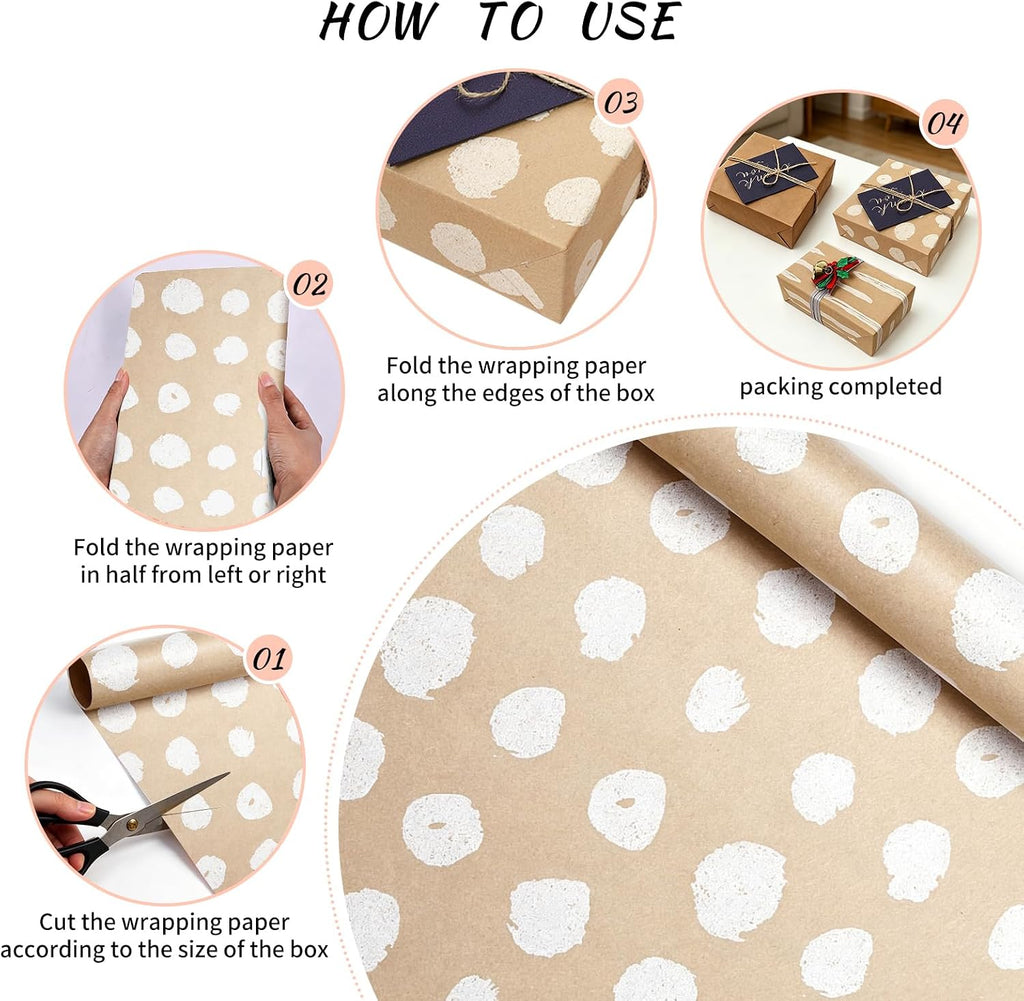 Kraft Wrapping Paper Rolls, Plain & Printed Wrap 17in x9.8ft for Gifts