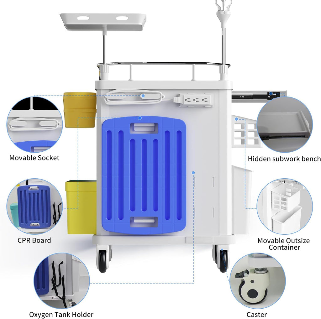 Medical Rolling Crash Cart, Mobile Medical Cart for Clinic, Hospital, Nursing Center with Integrated Medical