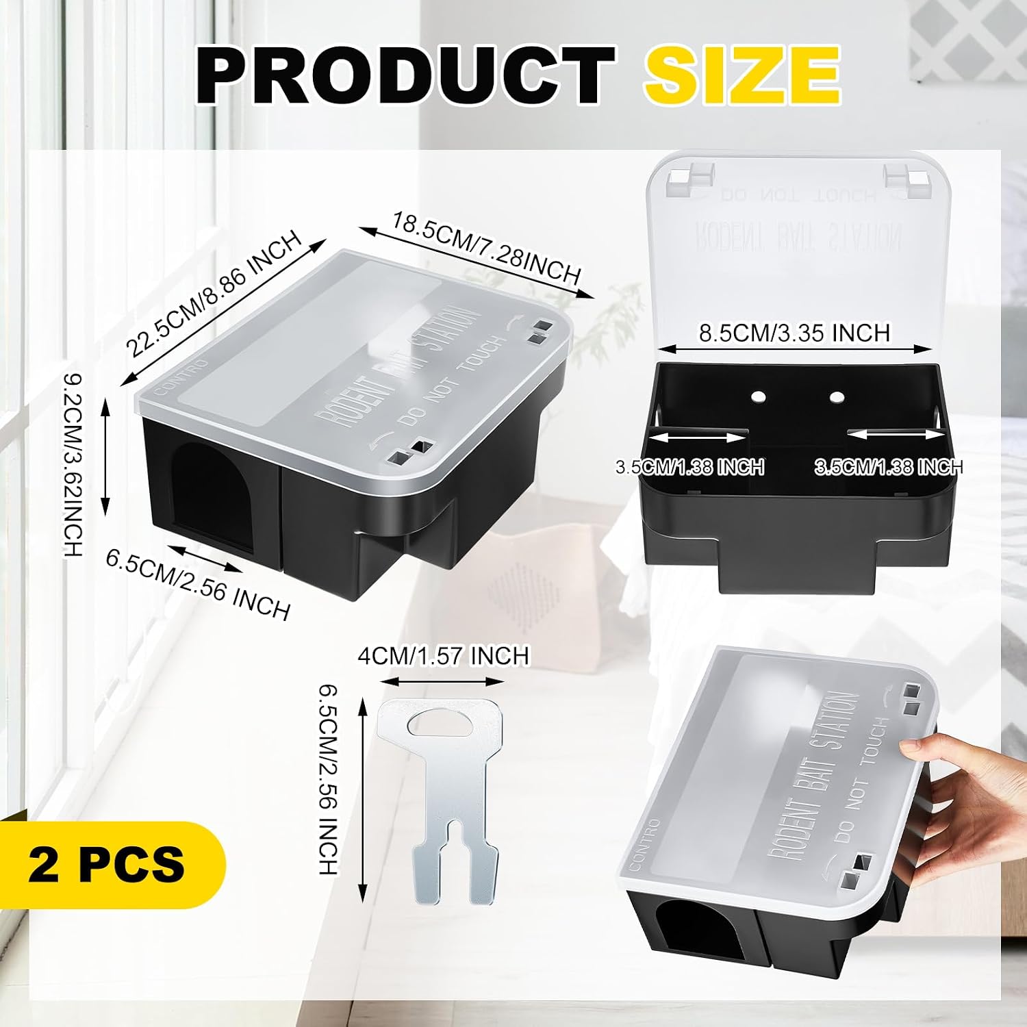2 Pcs Mouse Bait Stations with Keys, Rodent Trap Box,Clear | Large Size 8.9 x 7.3 x 3.6 in, Openable Clear Lid
