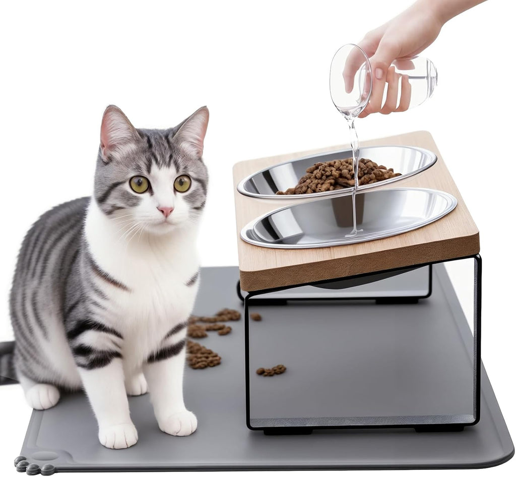 Upgraded Elevated Cat Bowls with Food Mat,15°Tilted Stand Anti Vomiting Raised Cat Dishes for Food and Water,2
