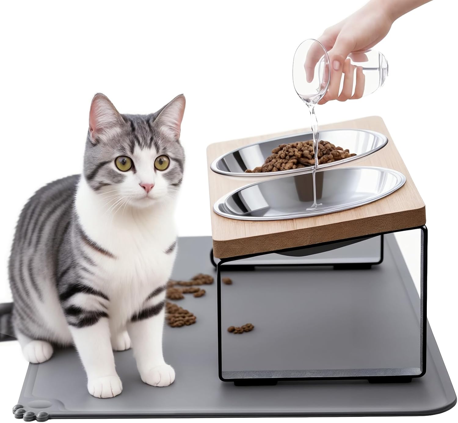 Upgraded Elevated Cat Bowls with Food Mat,15°Tilted Stand Anti Vomiting Raised Cat Dishes for Food and Water,2