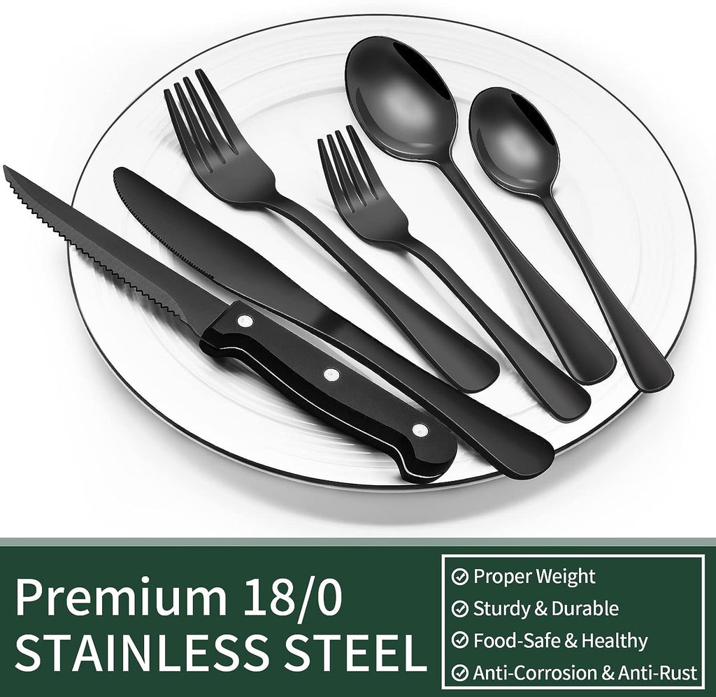 24-Piece Black Silverware Set with Steak Knives, Black Flatware Set for 4, Food-Grade Stainless Steel Tableware
