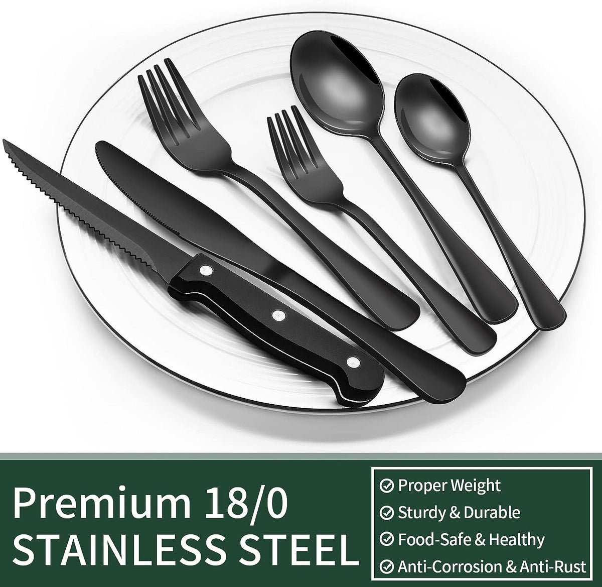 24-Piece Black Silverware Set with Steak Knives, Black Flatware Set for 4, Food-Grade Stainless Steel Tableware