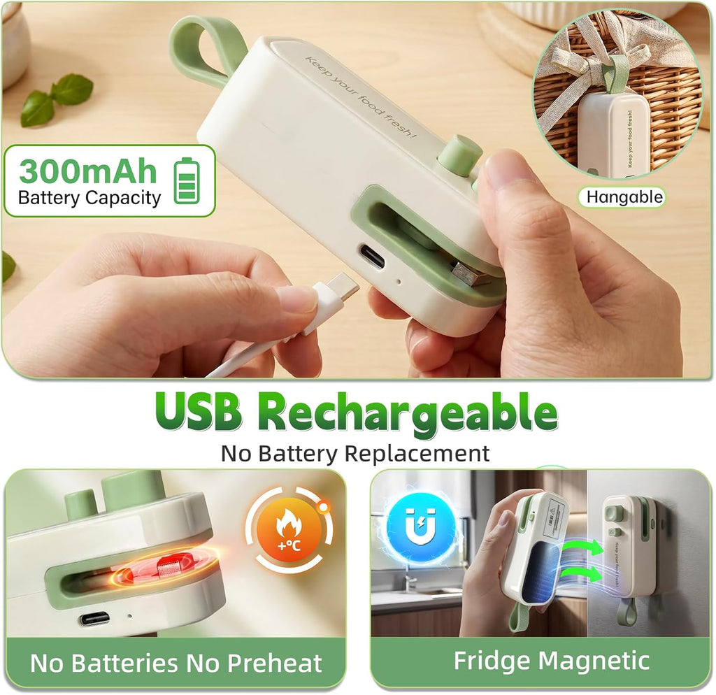 2in1 Mini Bag Sealer, Rechargeable Heat Sealer with Cutter Magnet