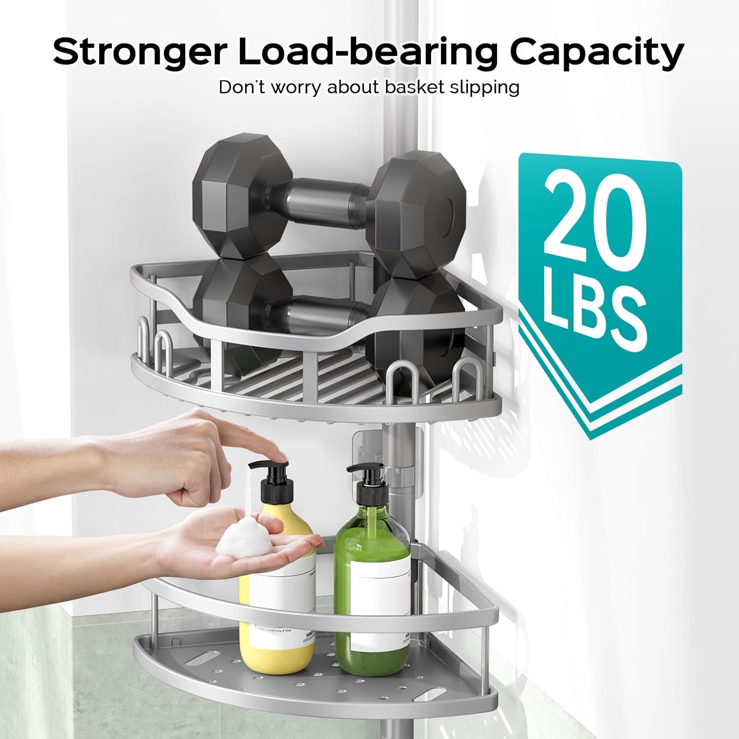Corner Shower Caddy Tension Pole: Rustproof 4-Tier Bathroom Organizer Shelves for Bathtub Shampoo Storage - 47-121