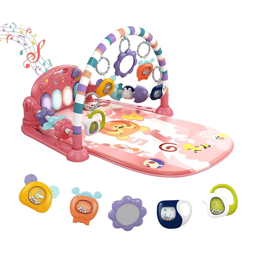 Baby Play Mat Gym, Funny Play Piano Tummy Time Activity Mat with 5 Infant Sensory Toys, Music and Lights, Boy & Girl