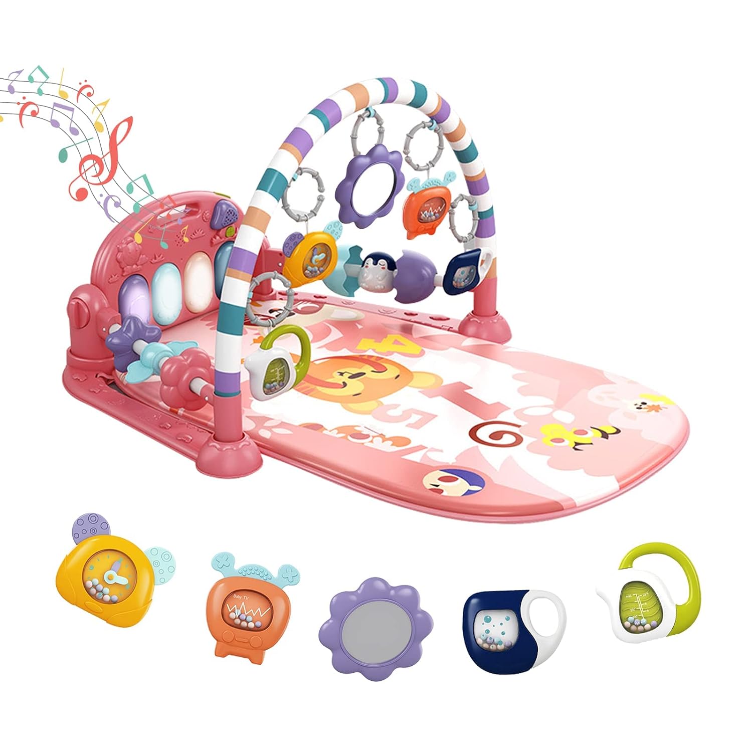 Baby Play Mat Gym, Funny Play Piano Tummy Time Activity Mat with 5 Infant Sensory Toys, Music and Lights, Boy & Girl