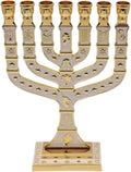 Traditional Jerusalem Menorah 7 Branch, Enamel Finish, with 12 Tribes of Israel, Jewish Candle Holders (10.8 inch)