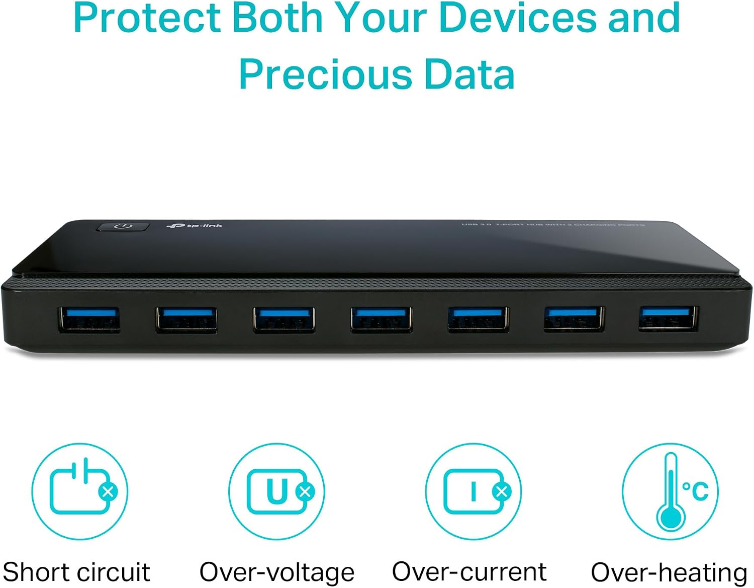 Powered USB Hub 3.0 with 7 USB 3.0 Data Ports and 2 Smart Charging USB Ports. Compatible with Windows, Mac, Chrome &