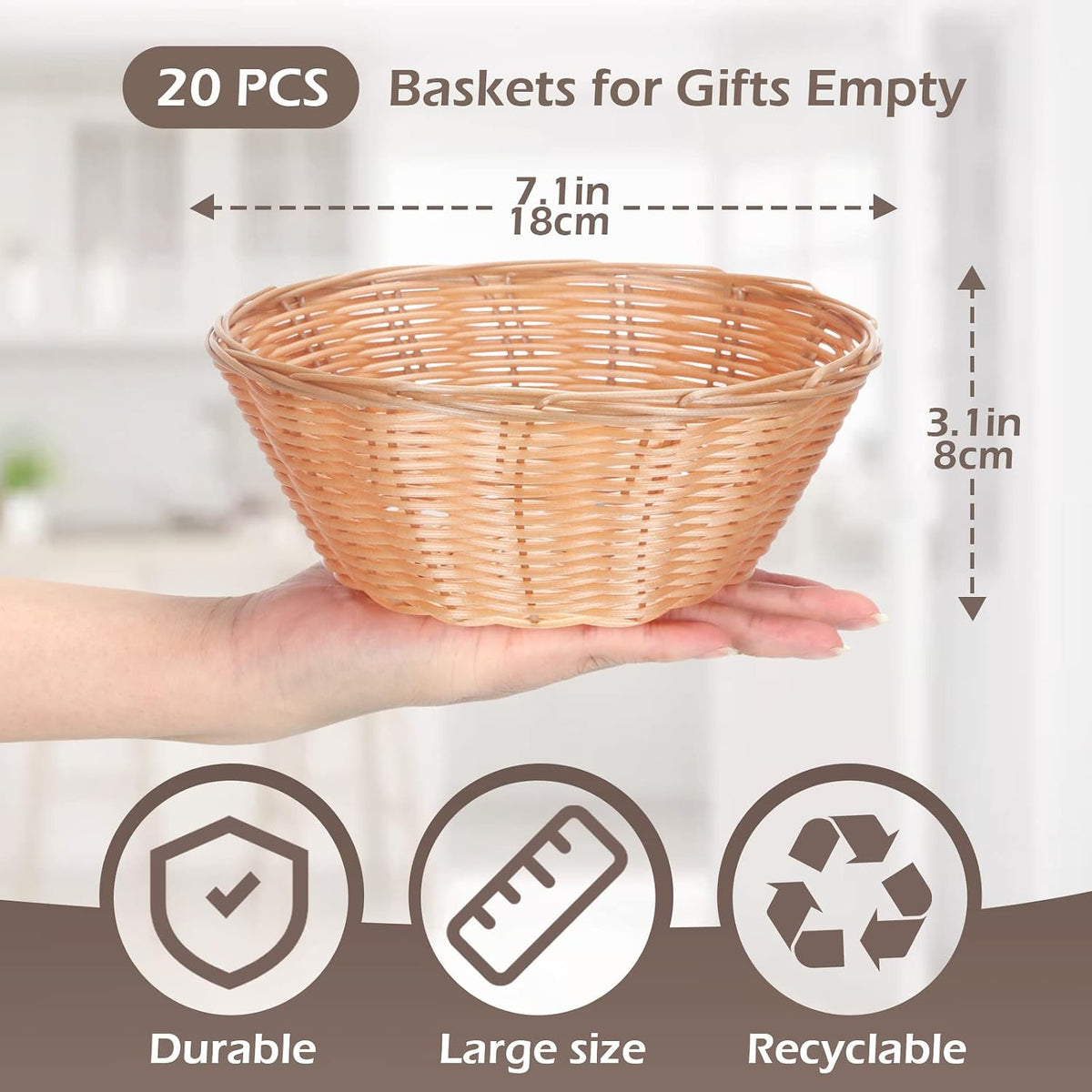 20 Pcs Wicker Bread Baskets 7 Inch Round Plastic Woven Trays