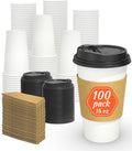 100 Pack 16 oz Disposable Coffee Cups with Lids and Sleeves