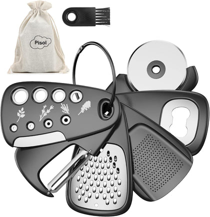 Kitchen Unique Gadgets Set 6 Pieces, Space Saving, Cheese Grater, Bottle Opener, Fruit Vegetable Peeler, Pizza