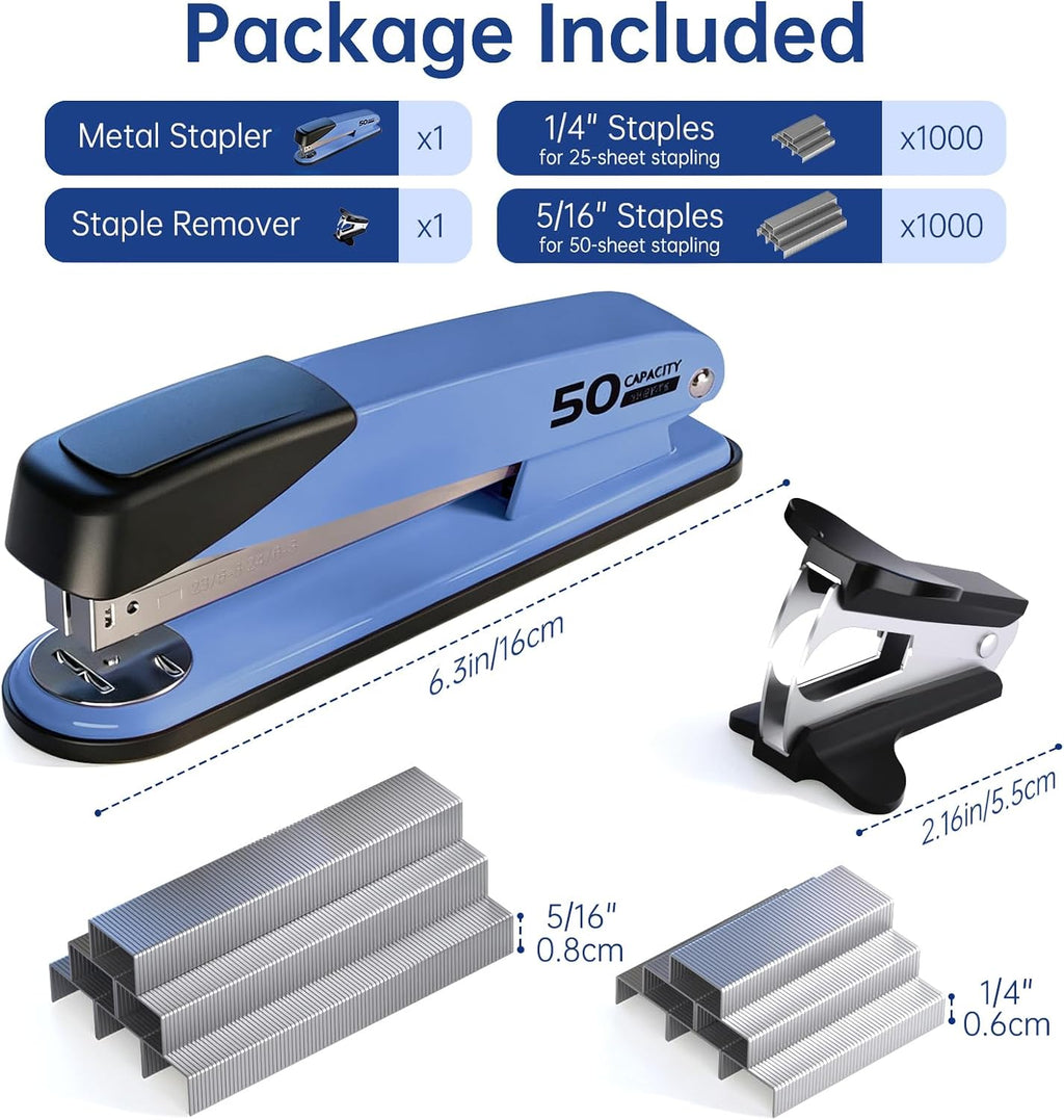 Metal Stapler Heavy Duty for Desk - 50 Sheet Capacity with 2000 Pieces 1/4", 5/16" Staples and Staple Remover, No