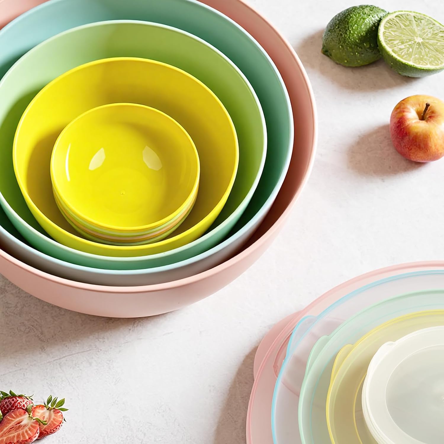 16 Piece Plastic Mixing Bowls with Lids Set - Nesting Bowls Set includes 8 Prep Bowls and 8 Lids, 2-in-1 Spoon-Fork
