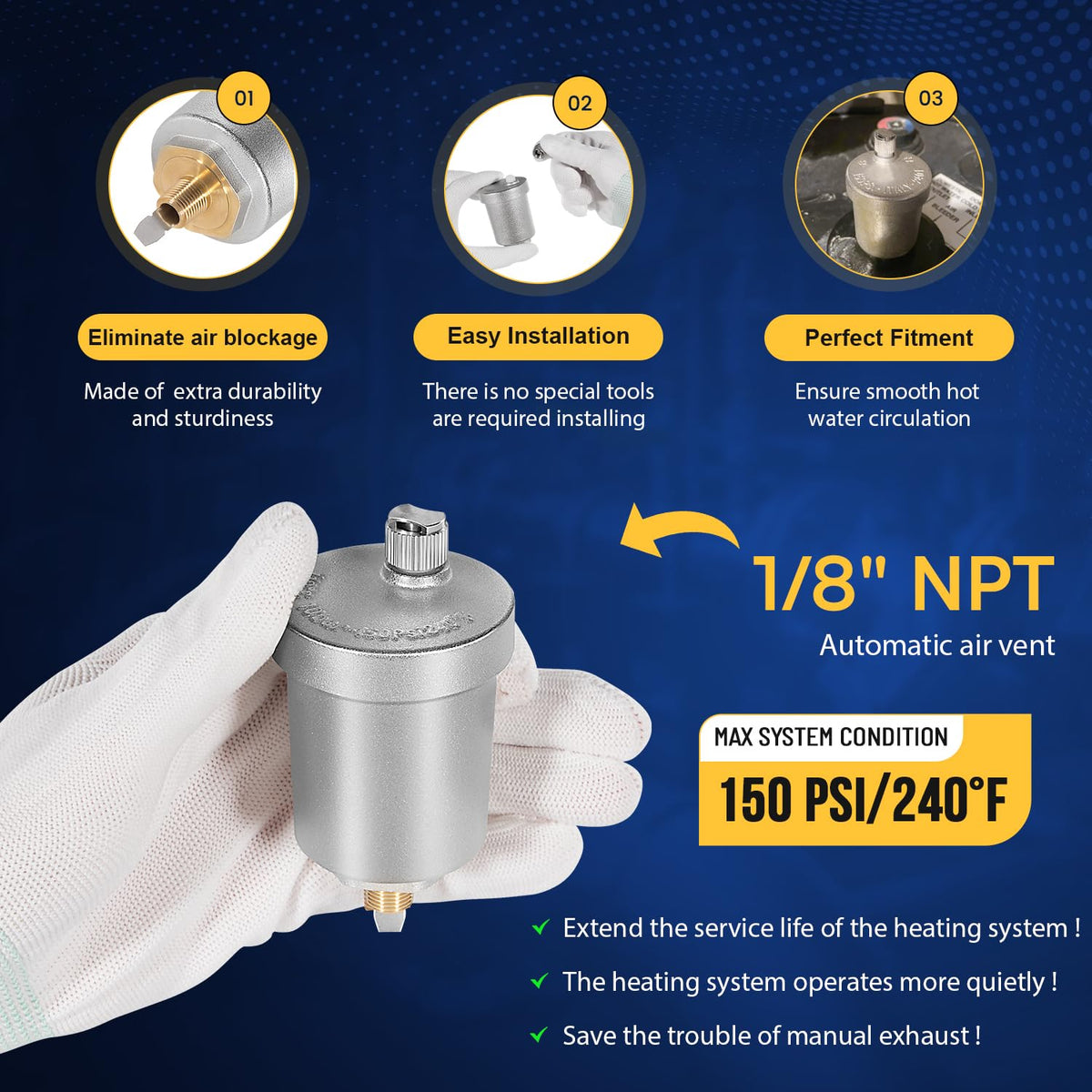 Sunluway Automatic Air Vent Valve, Compatible with Taco 400-4, 1/8" NPT