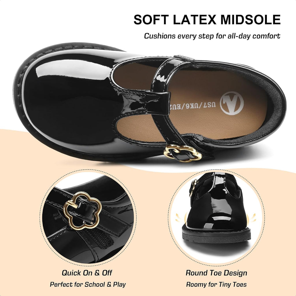 Toddler Girls Mary Jane Flats with Adjustable Hook-and-Loop Girls Party School Uniform Loafer Shoes