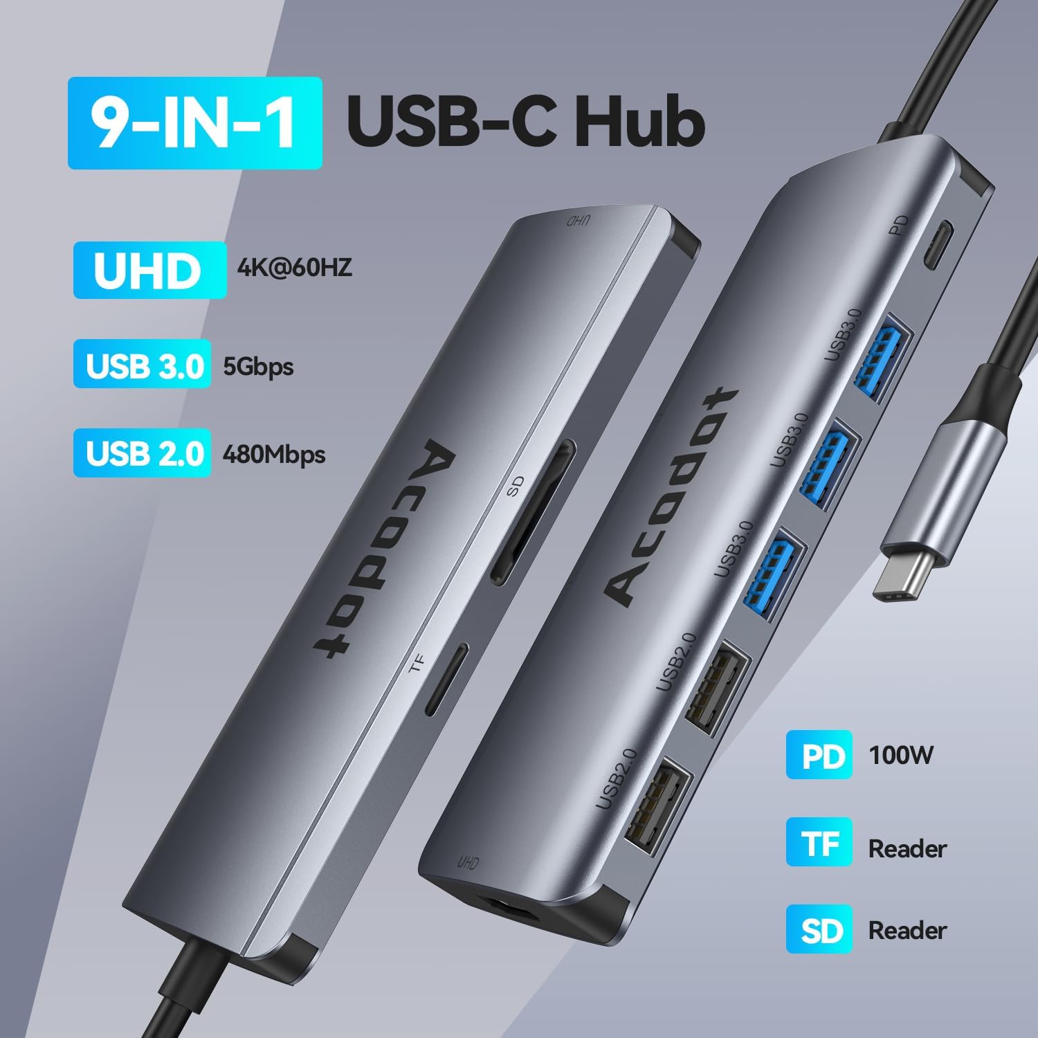 USB C Hub, Acodot 9 in 1 USB C to 4K@60HZ HDMI Multiport Adapter, 3 USB 3.0 Ports, SD/TF Card Reader, 100W PD