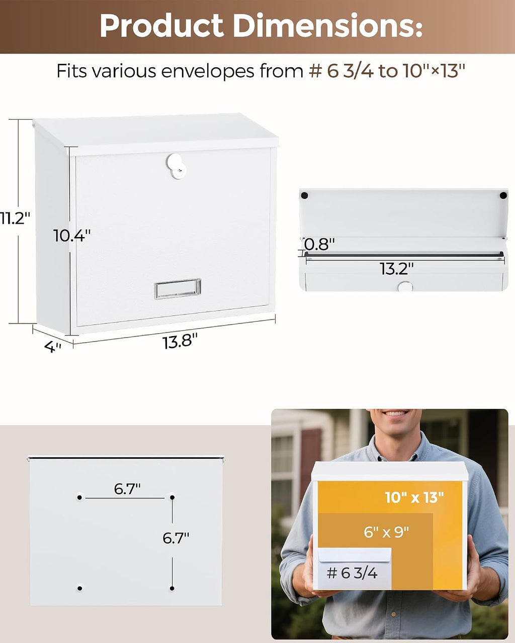 Locking Wall-Mount Mailbox for Outside, with 4 Keys, Galvanized Steel Rustproof Metal Postbox, 4" Dx13.8 Wx11.2 H