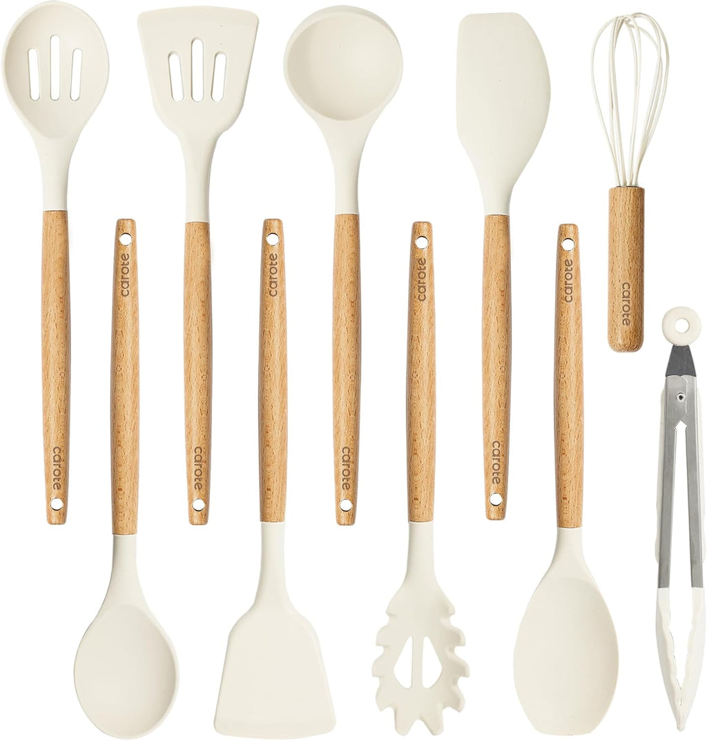 Silicone Cooking Utensils Set, Kitchen Utensils Set 10 Pcs for cooking, BPA Free Spatula Set with Heat Resistant Wood