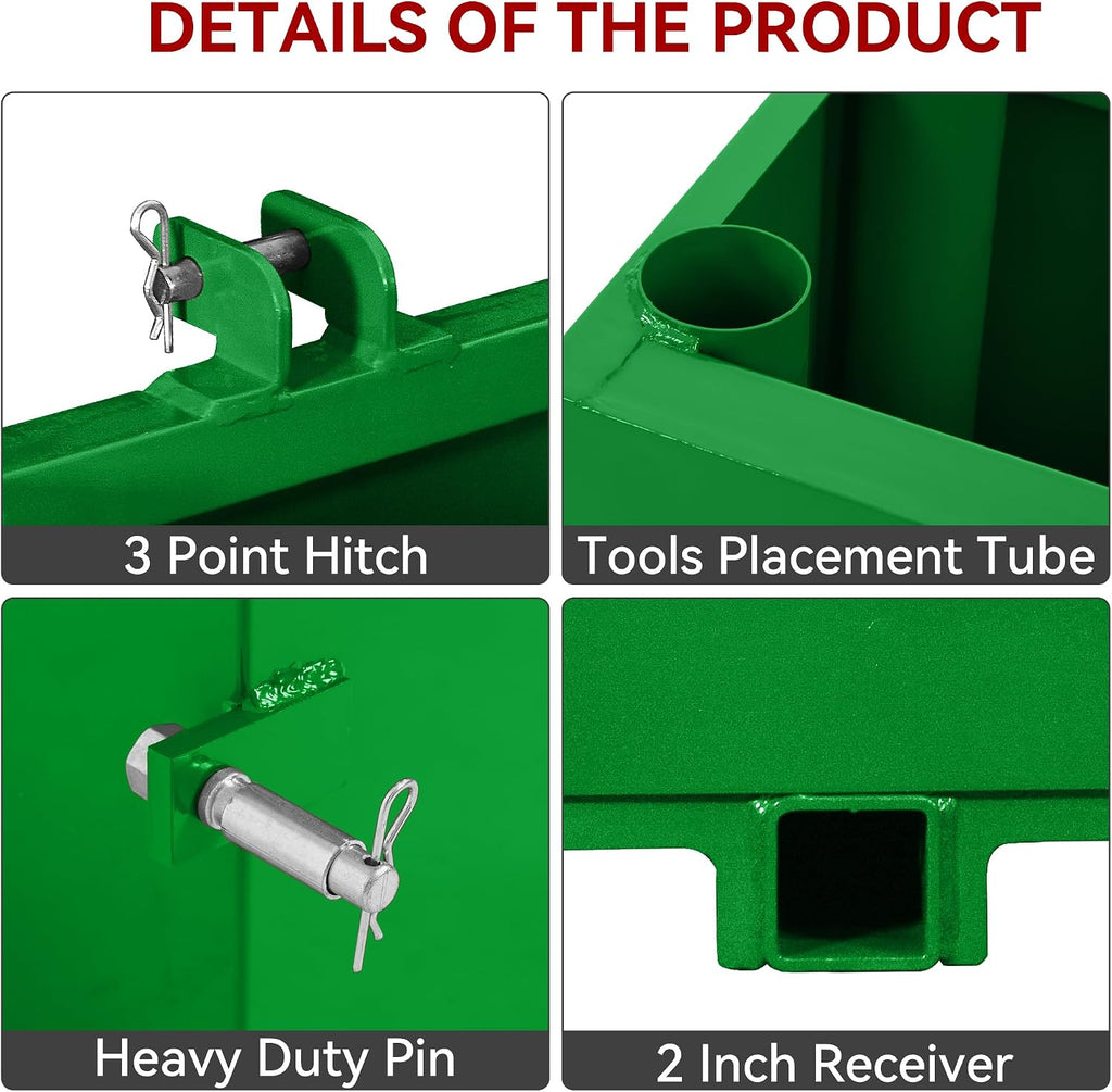 3 Point Hitch Ballast Box for Category 1 Tractor, 800lbs Weight Ballast Height Box with 2'' Quick Trailer Hitch
