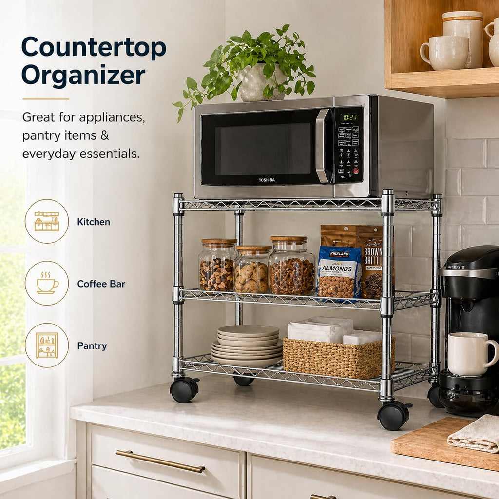 3-Tier Storage Shelves, 750 Lbs Loading Capacity, 24.02" W x 13.78" D x 21.97" H Shelving Unit for Garage, Pantry and