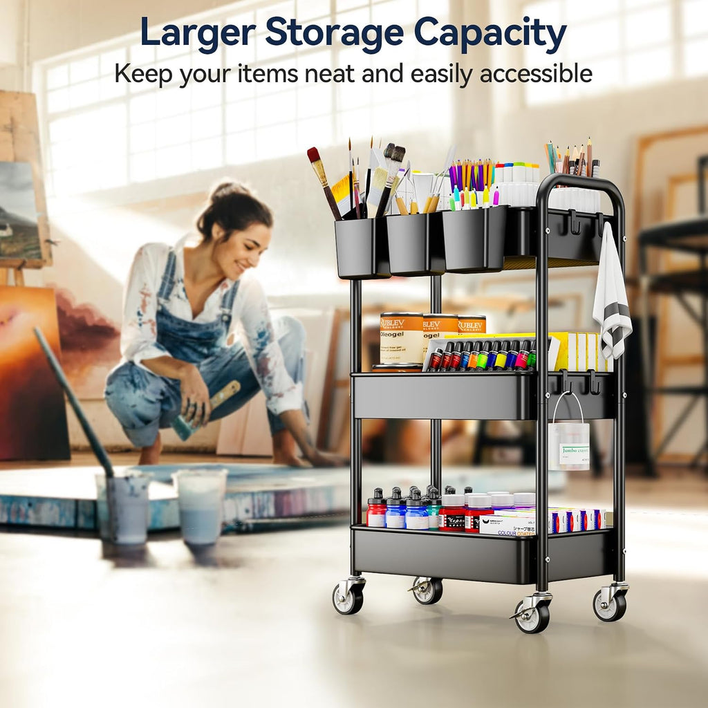 3 Tier Rolling Cart, Heavy Duty Metal Utility Cart with Wheel Black