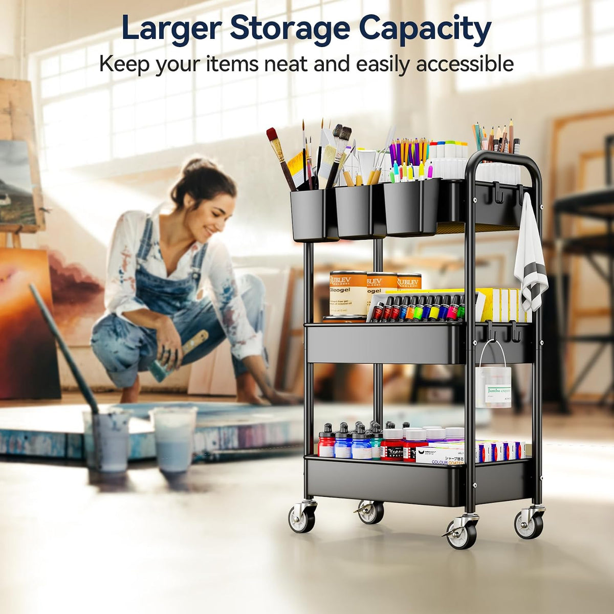 3 Tier Rolling Cart, Heavy Duty Metal Utility Cart with Wheel Black