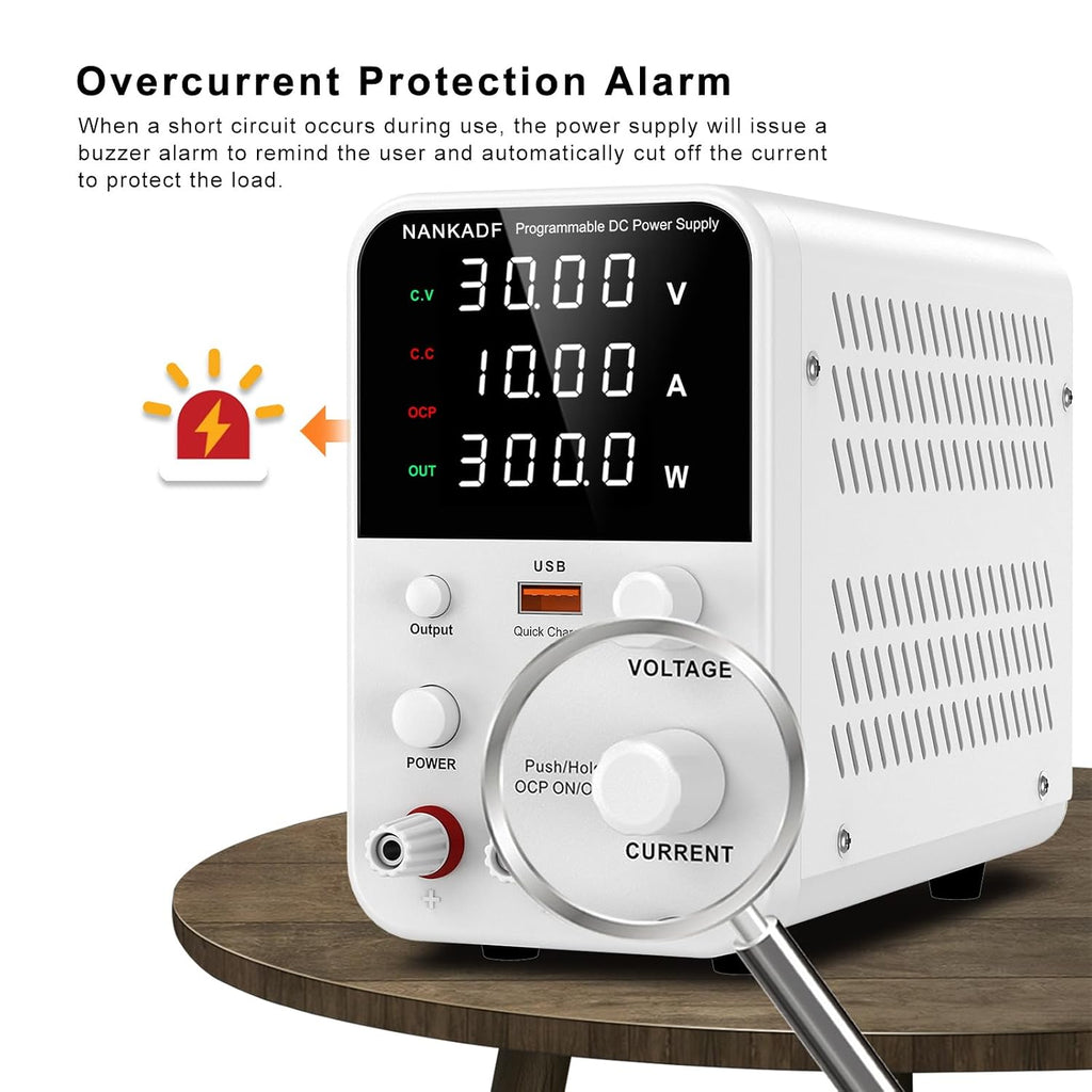 DC Power Supply Variable, Bench Power Supply with Encoder Adjustment Knob, Output Enable/Disable Button, Adjustable Power Supply with USB Quick-Charge, Short Circuit Alam (30V 10A White)