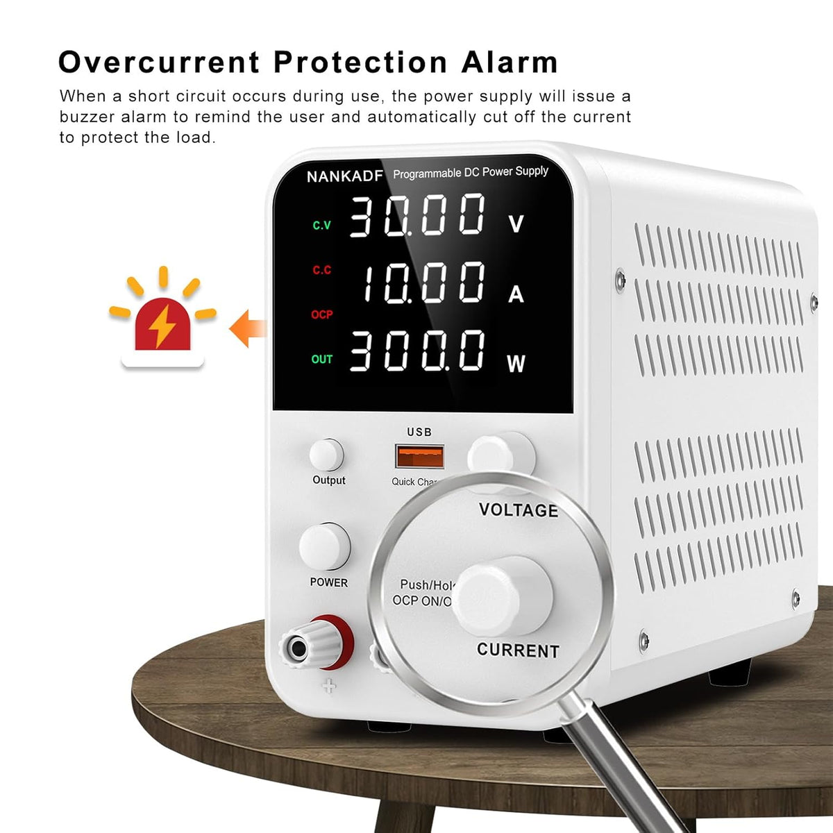 DC Power Supply Variable, Bench Power Supply with Encoder Adjustment Knob, Output Enable/Disable Button, Adjustable Power Supply with USB Quick-Charge, Short Circuit Alam (30V 10A White)