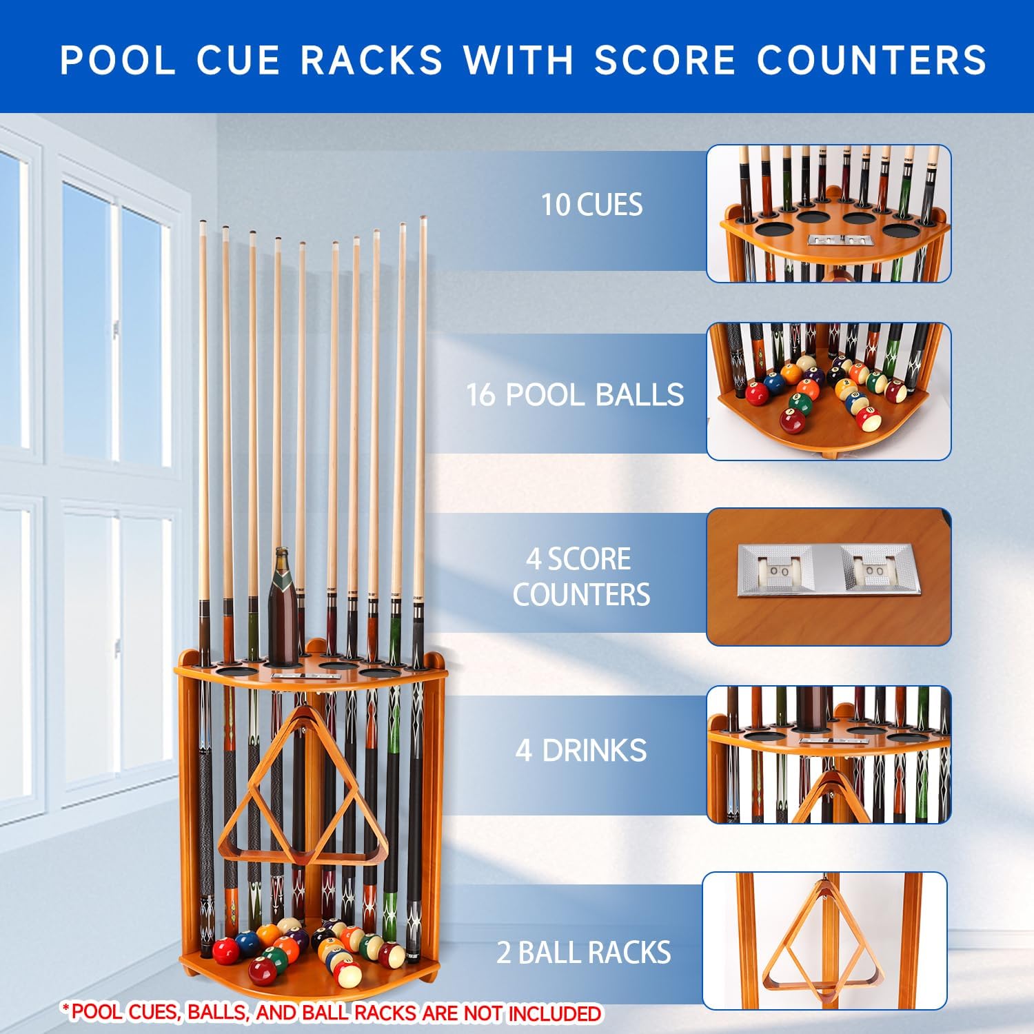 GSE Corner-Style Floor Stand Billiard Pool Cue Racks with Score Counters | Holds Pool Cue Sticks, Full Set of Balls