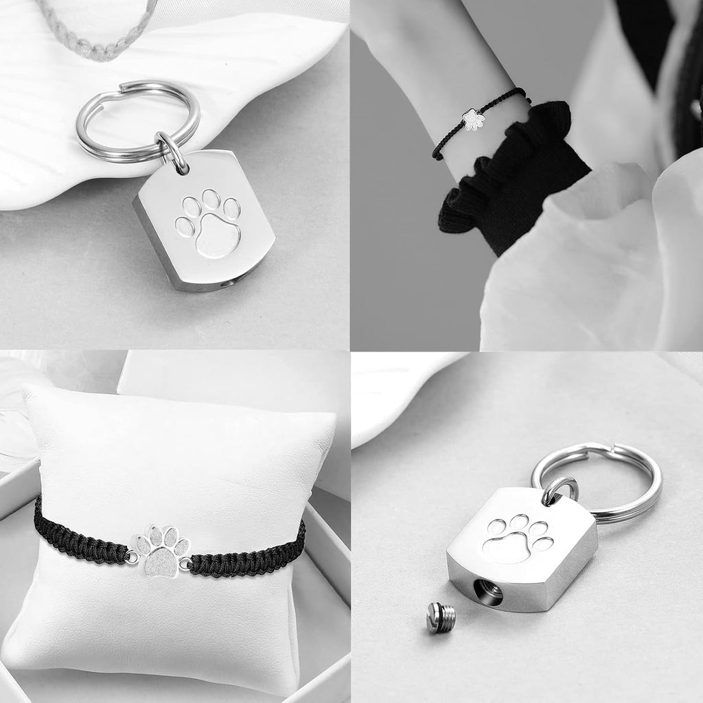 3 Pcs Pet Cremation Jewelry Urn Necklaces Bracelet Keychain for Ashes for Women Men Cat Dog Paw Print Ashes Keepsake