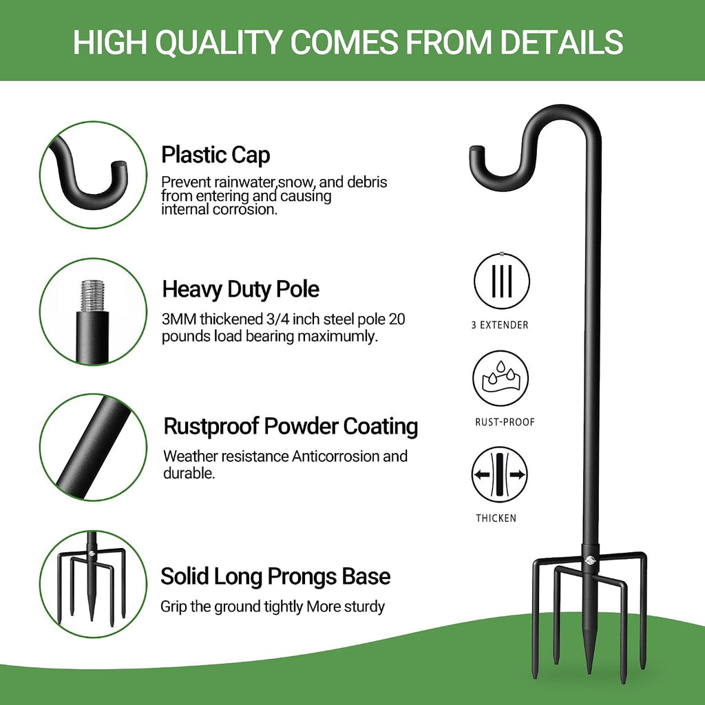 76" Shepherds Hooks for Outdoor, Extra Thick Bird Feeder Pole with 5 Prong Base, Adjustable Shepards Hook for Garden