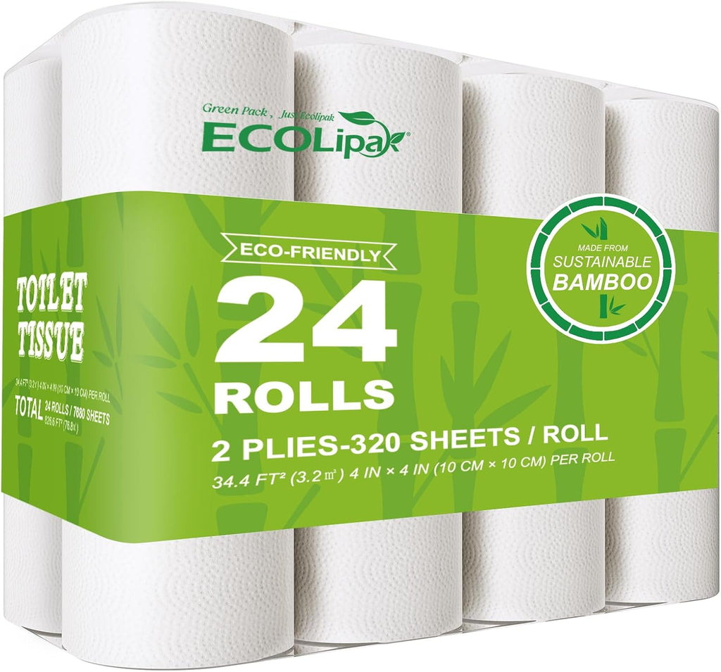 Bamboo Toilet Paper 2 Ply, 24 Double Rolls, 320 Sheets, White