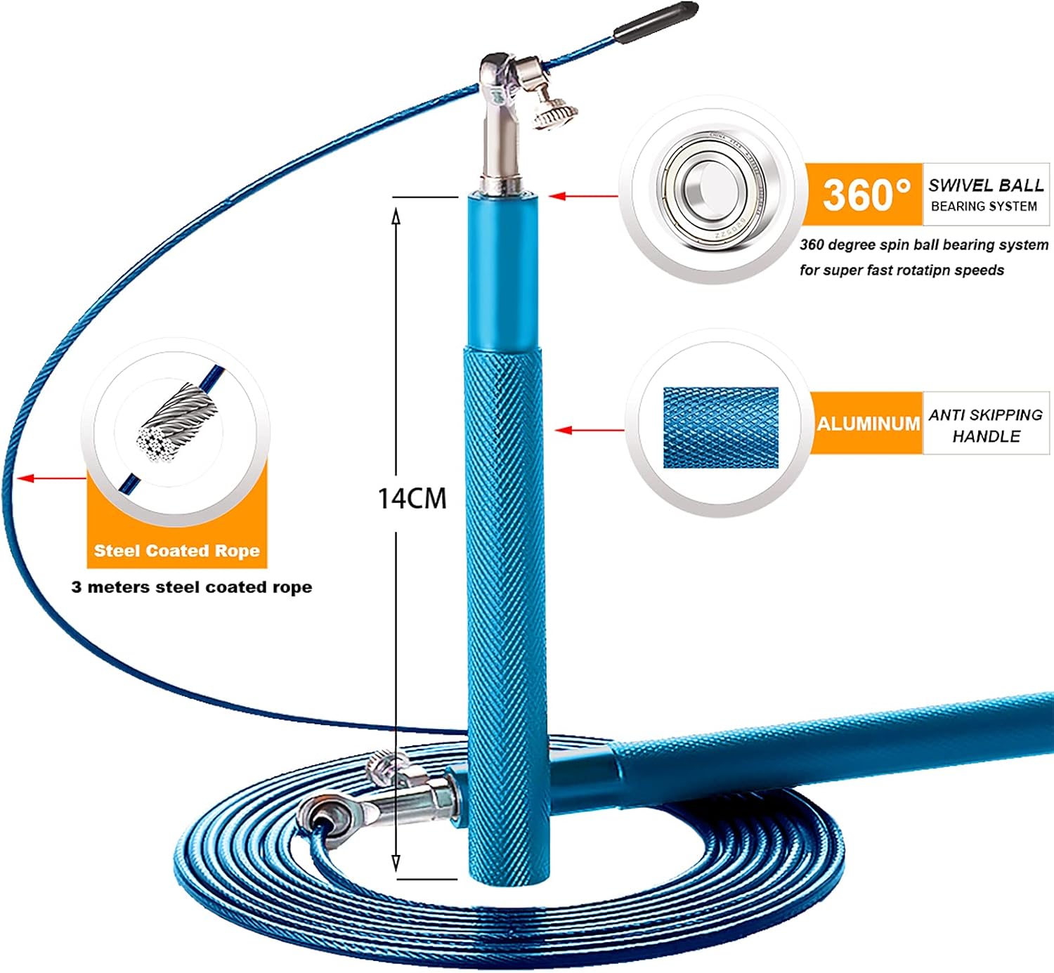 Speed Jump Rope - 360° Swivel Ball Bearing - Adjustable steel coated rope-Aluminum Anti Skipping Handle -Fitness