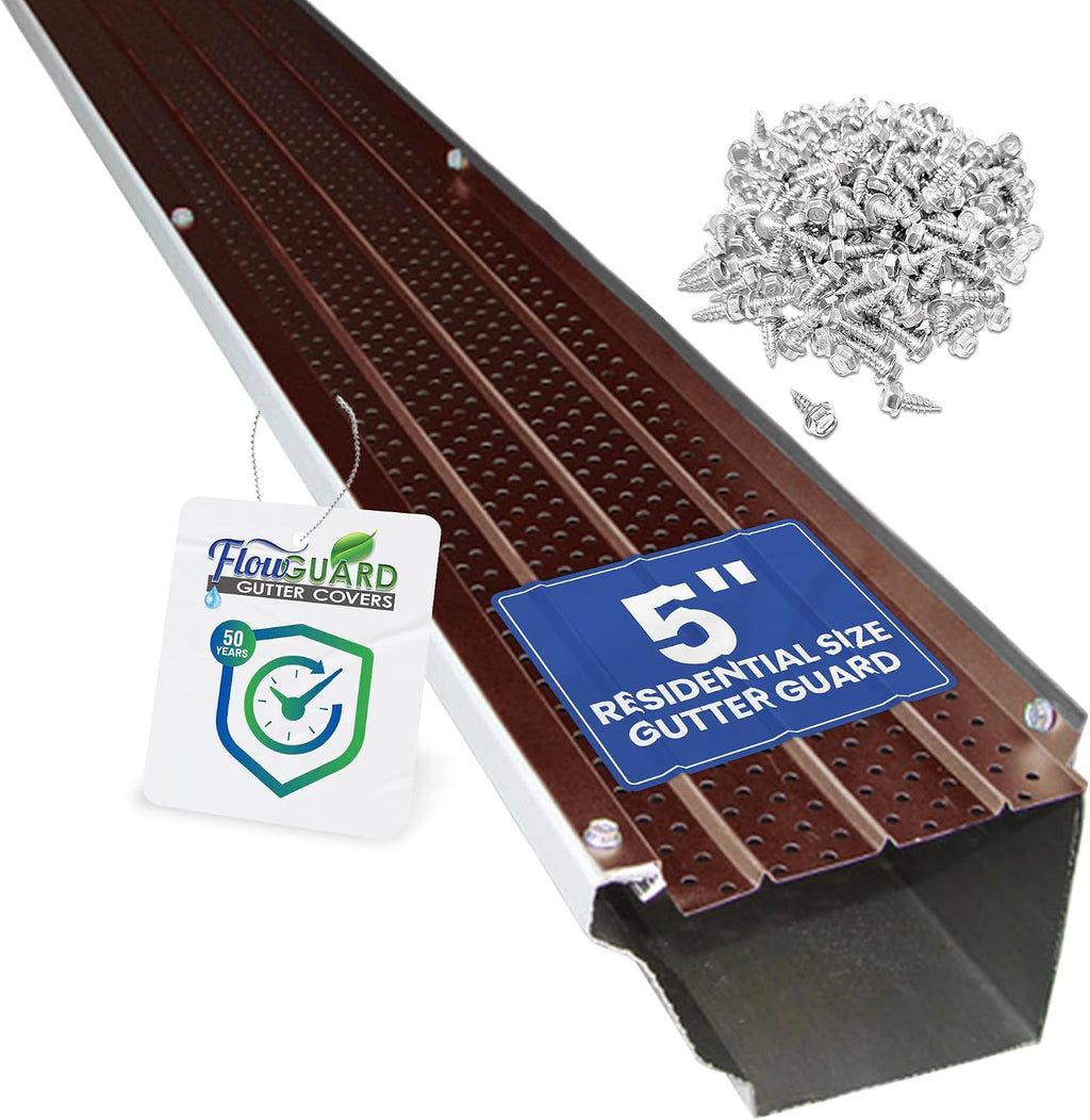 FlowGuard Gutter Guard, USA Made Professional DIY 5 Inch 50-Year Gutter Cover Leaf Protection System - Brown
