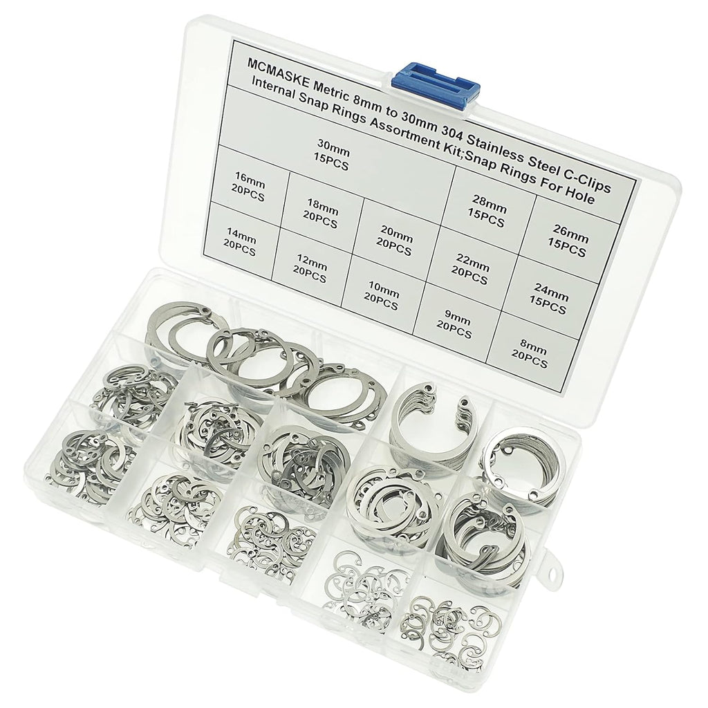 240PCS Metric 8-30mm 304 SS Internal Snap Rings C-Clips Kit