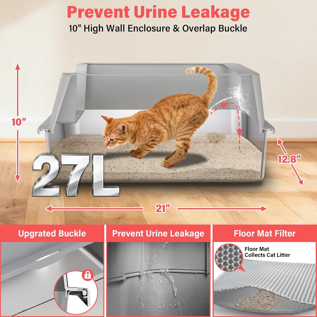 Stainless Steel Litter Box for Kittens, Senior and Big Cats, Extra Large Metal Litter Box with High Sides Lid, Leak