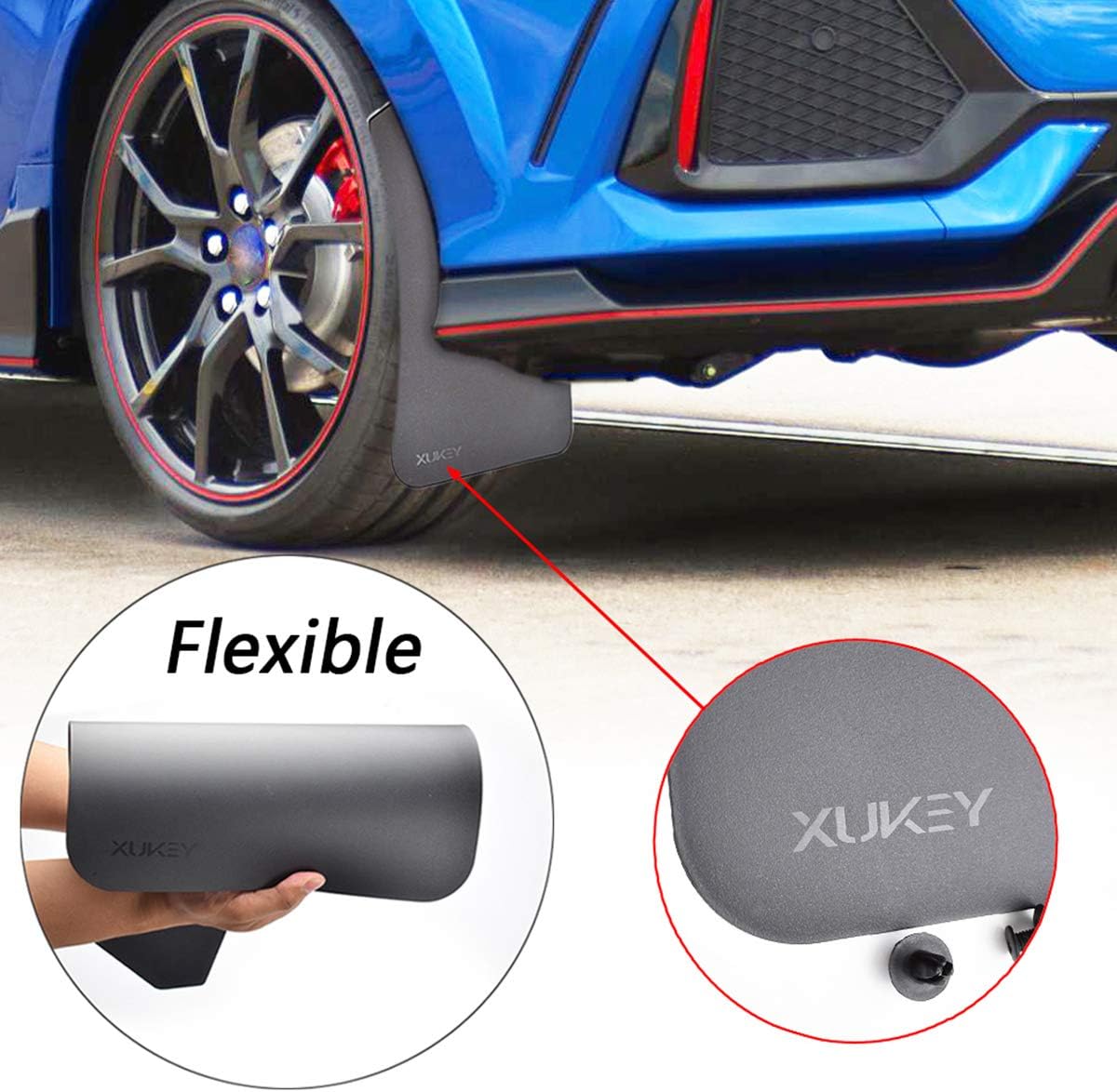 Universal Mud Flaps, Front and Rear Deluxe Molded Black Splash Guards, PP+TPO Plastic, 4-Pack Set with Screw Fixings