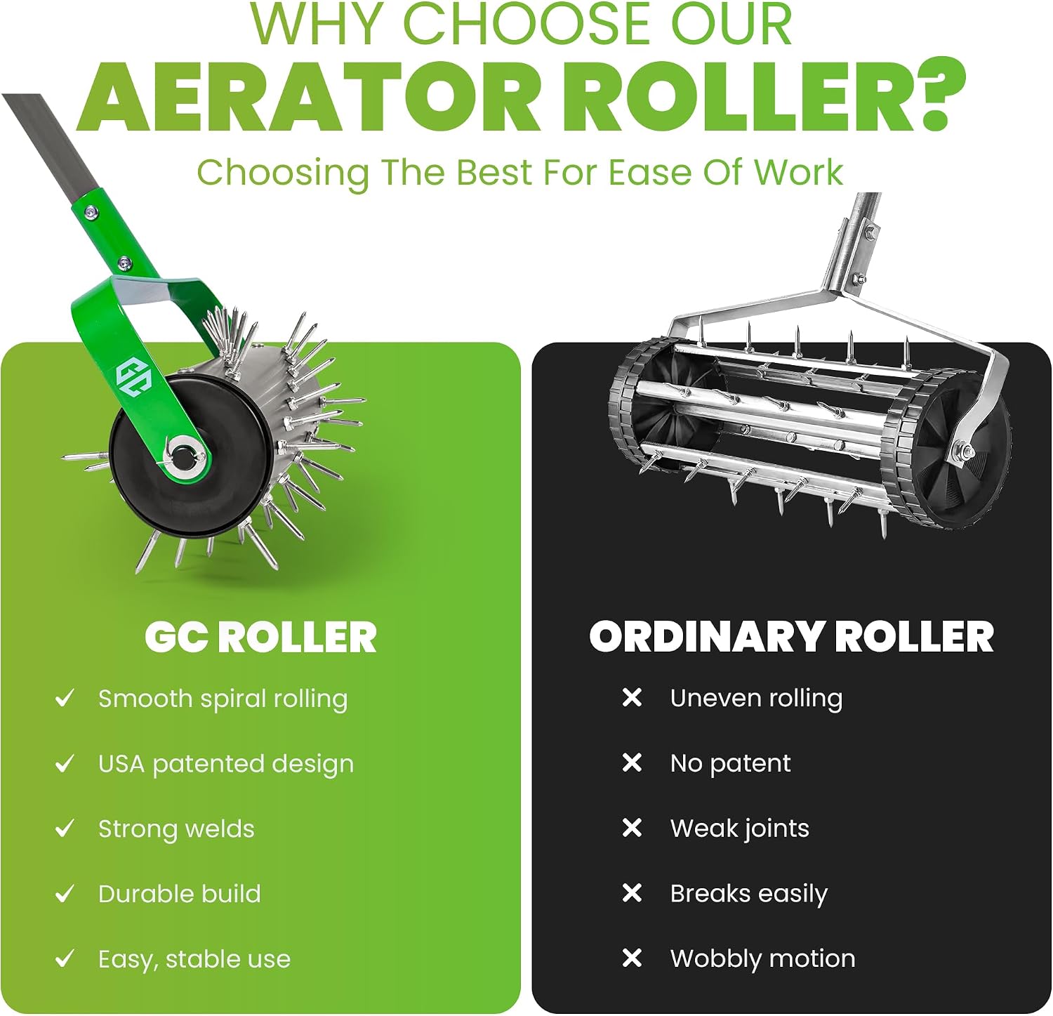 Manual Lawn Aerator Roller Tool, Heavy-Duty Rolling Lawn Aerator, 42 Pre-Attached Steel Spikes, 57 Inch Adjustable