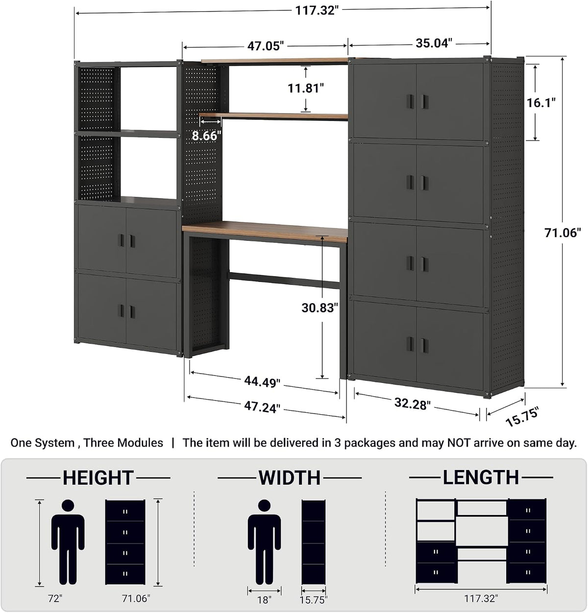 117"L 3-in-1 Modular Garage Storage Cabinet with Workbench