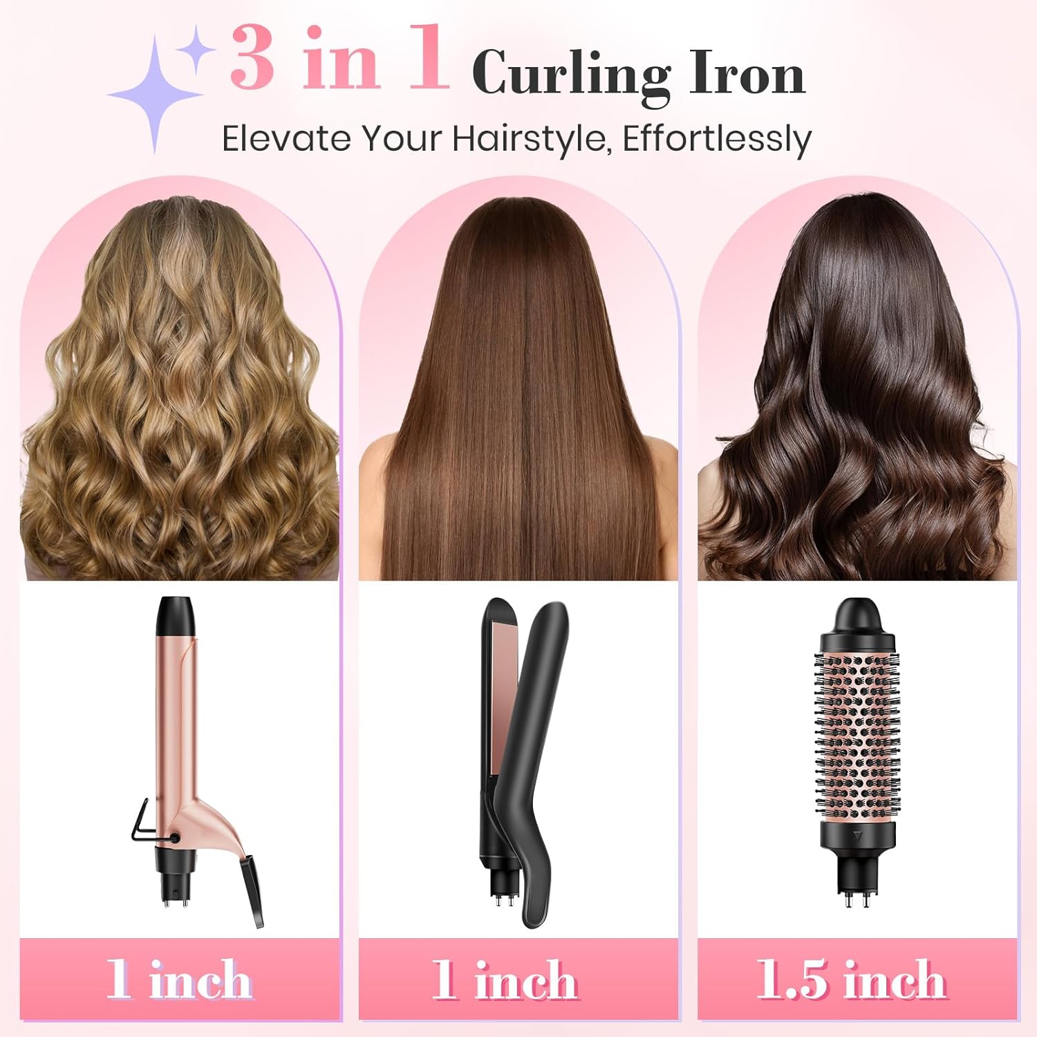 3 in 1 Curling Iron, Curling Wand Set with Thermal Brush Flat Iron Hair Straightener, Dual Voltage Wand Curler