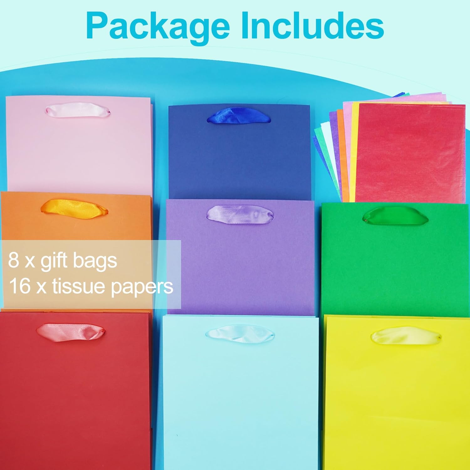 8 Pcs Medium Gift Bags With Handles: 8x5x10 Rainbow Colour Gift Bags Kraft Paper Party Favor Bags With 16 Tissues For