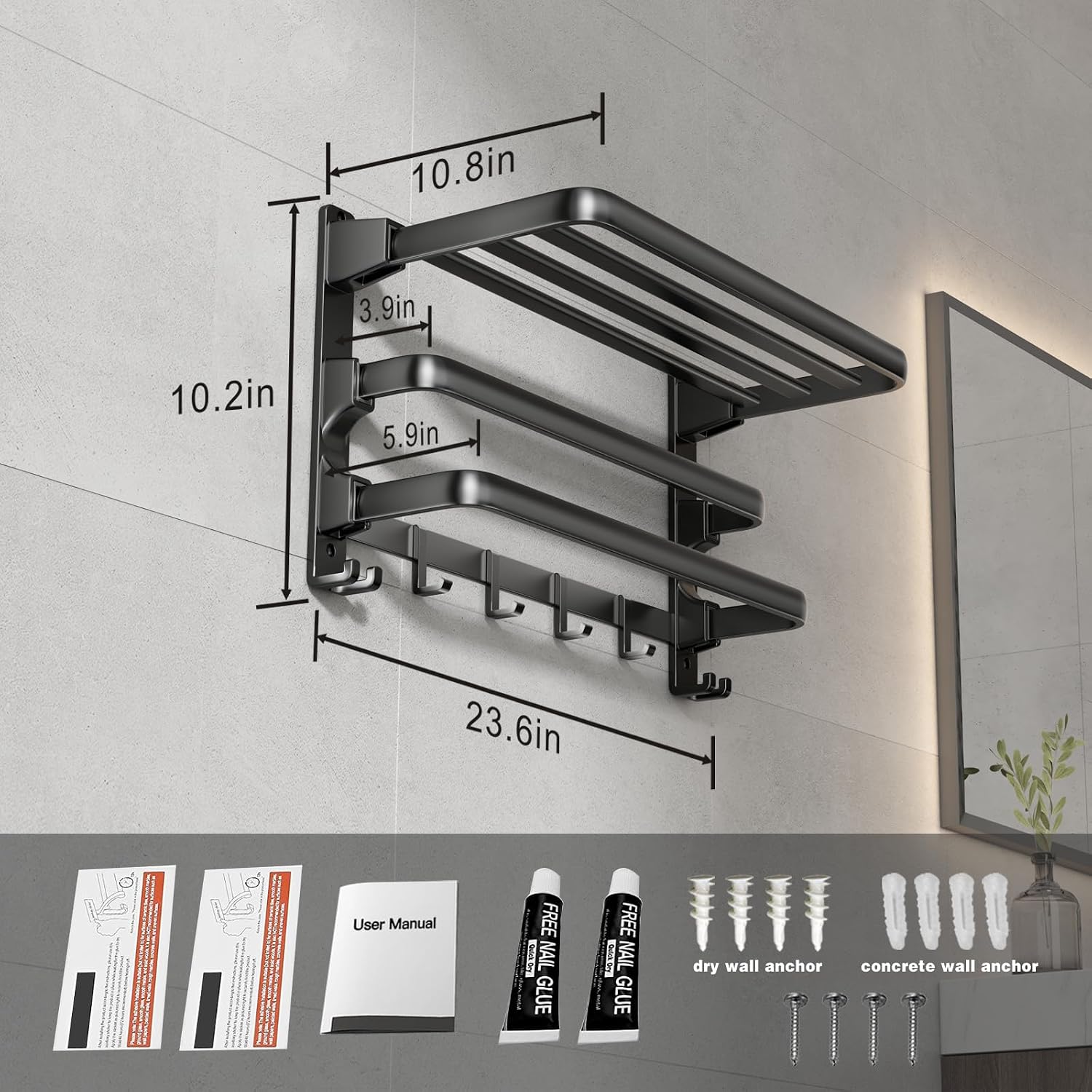24-Inch Towel Rack,Bathroom Towel Shelf with 2 Towel Bar Foldable Towel Holder with 7 Hooks Towel Storage Organizer