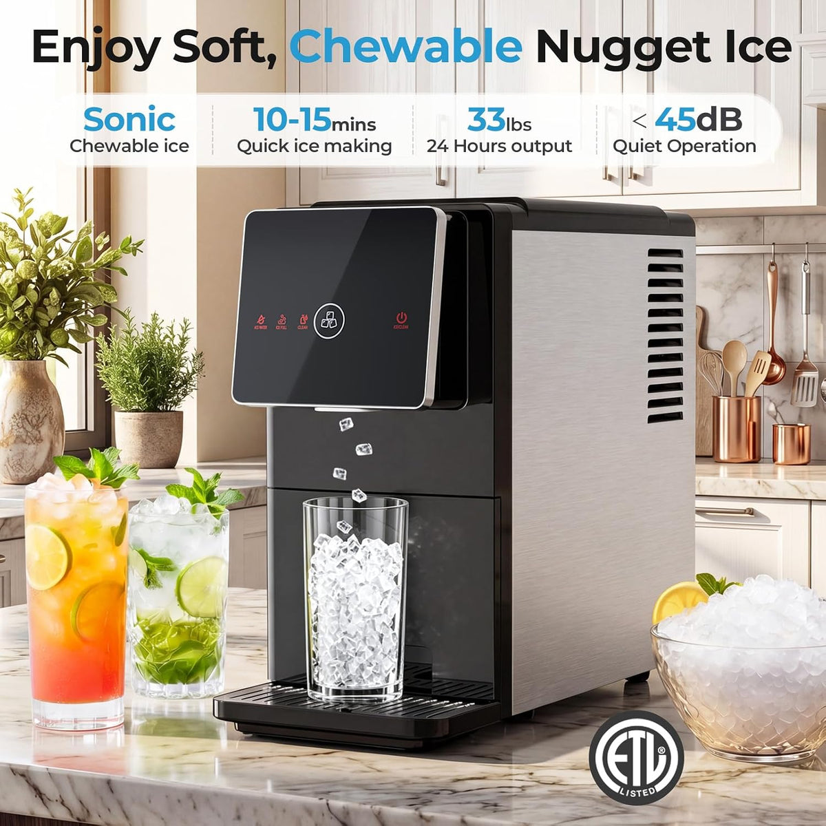 Nugget Ice Maker Countertop with Self-Dispensing, 33lbs/24H