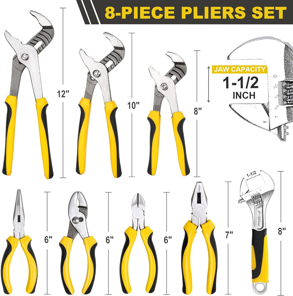 8-Piece Pliers and Wrench Set, 8” Adjustable Wrench, 12”, 10”, 8” Groove Joint, 7” Linesman, 6” Slip Joint, 6” Long