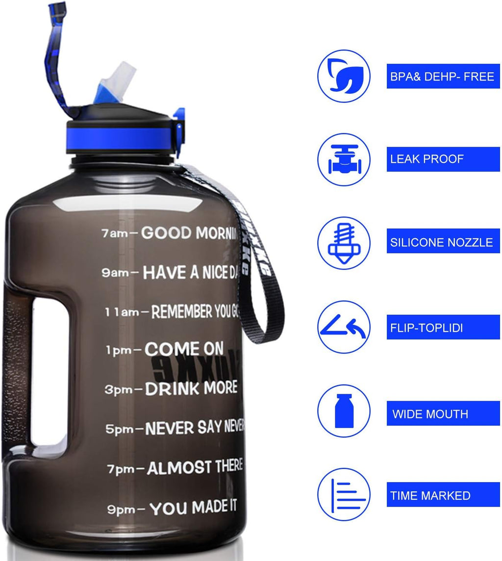 1 Gallon Motivational Sports Water Bottle with Time Marker, BPA Free 128oz Leak Proof Jug, Black, Plastic, 128